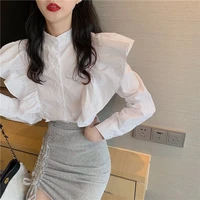 ruffle stand neck women blouses elegant korean fashion puff long sleeve shirt 2022 new blusa white ruffle top
