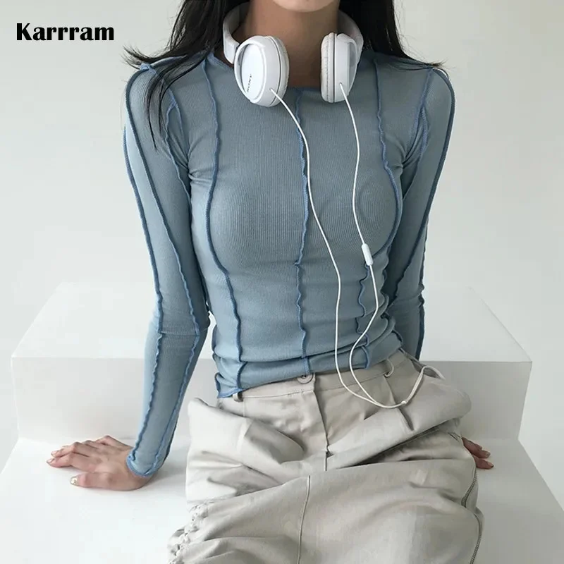

Korean Fashion Ribbed T-shirts Sexy Slim Long Sleeve Tshirts Chic Streetwear Kpop Designer Clothes Solid Tight Tops Y2k