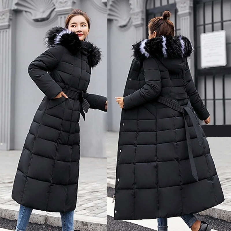 2022 New Winter Fox Fur Collar Knee Coat Women's Warm Fashion Bow Belt Thickening Warm Coat Long Skirt Women's Thick Coat