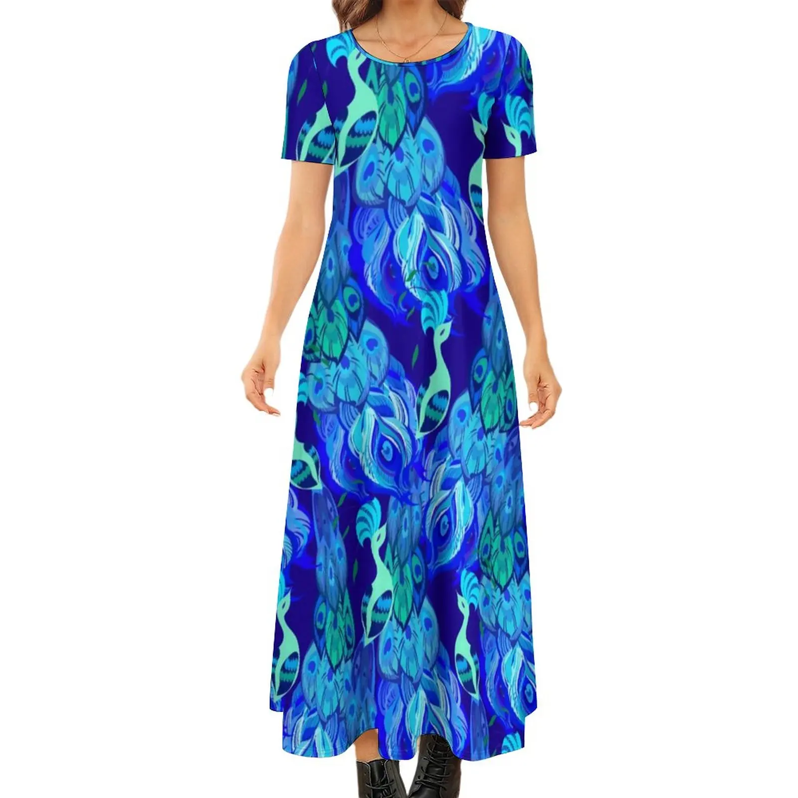 

Proud Peacocks Dress Peacock Feathers Vintage Maxi Dress Short Sleeve Fashion Boho Beach Long Dresses Print Oversized Vestidos
