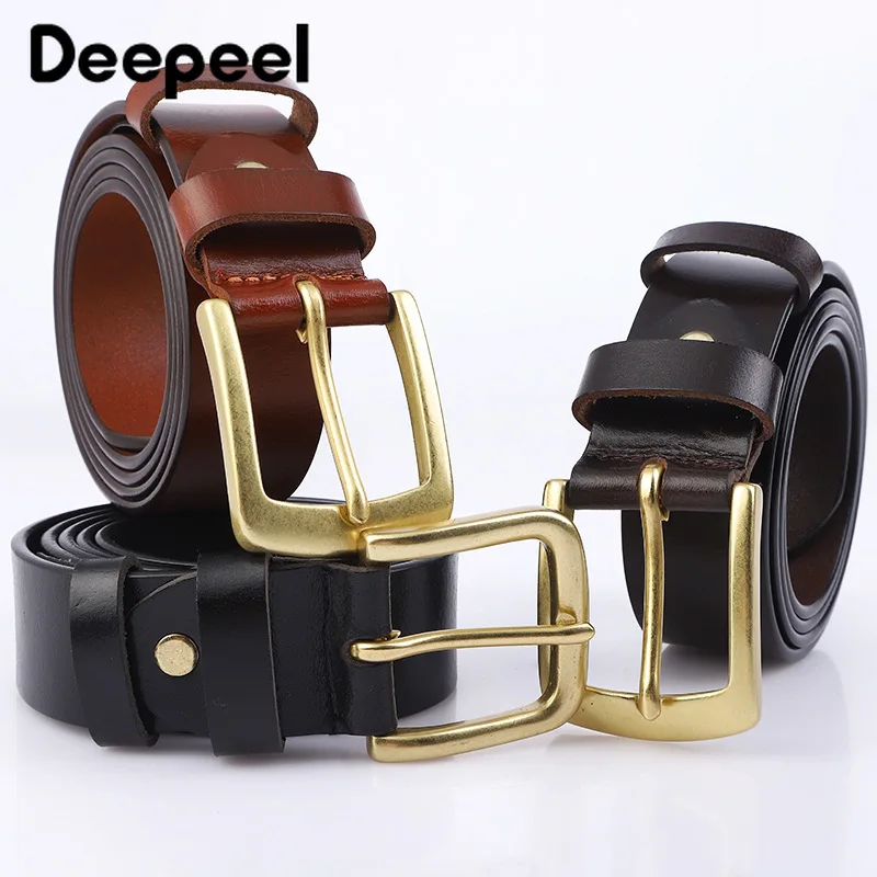 3.7*115-135cm Men's First Layer Cowhide Belt Solid Pure Copper Pin Buckle Business Belts Genuine Leather Waistband with Jeans