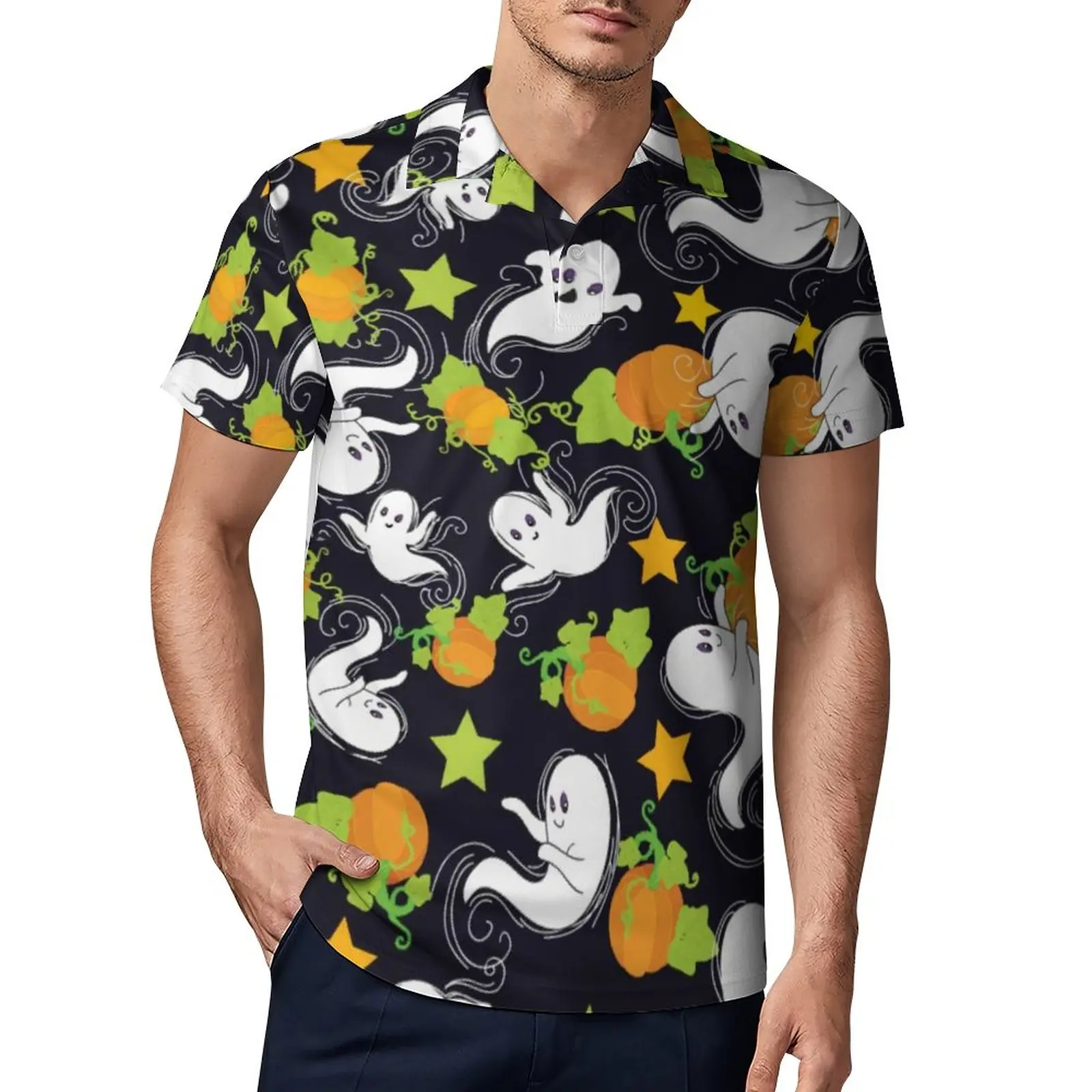 

Милые повседневные футболки с принтом призраков, рубашки-поло в виде тыквы на Хэллоуин, забавная рубашка с воротником, Мужской Топ большого ...