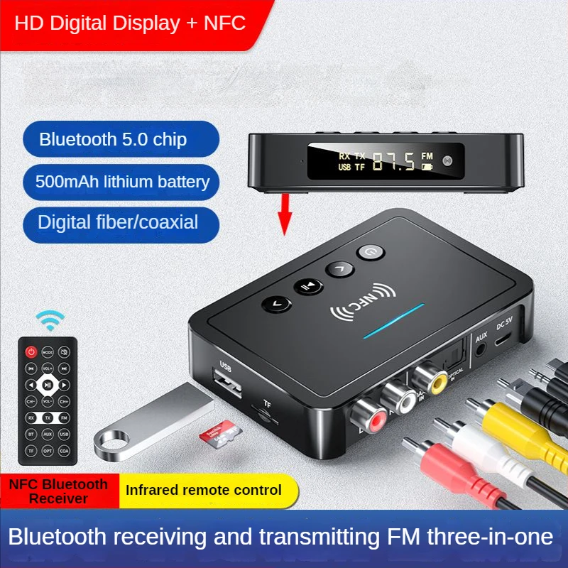 2023 New NFC Bluetooth 5.0 Receiver Transmitter FM 3.5mmAUX RCA Optical USB TF 3 in 1 Bluetooth Audio Adapter Computer Universal