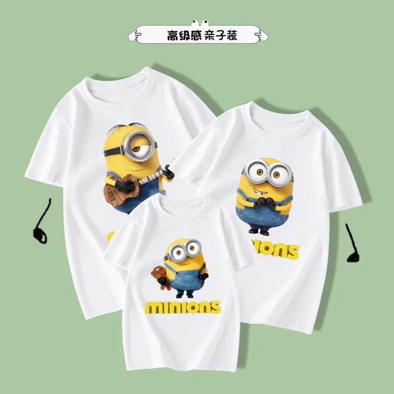 Уличная хлопковая Футболка с круглым вырезом и принтом миньонов для родителей