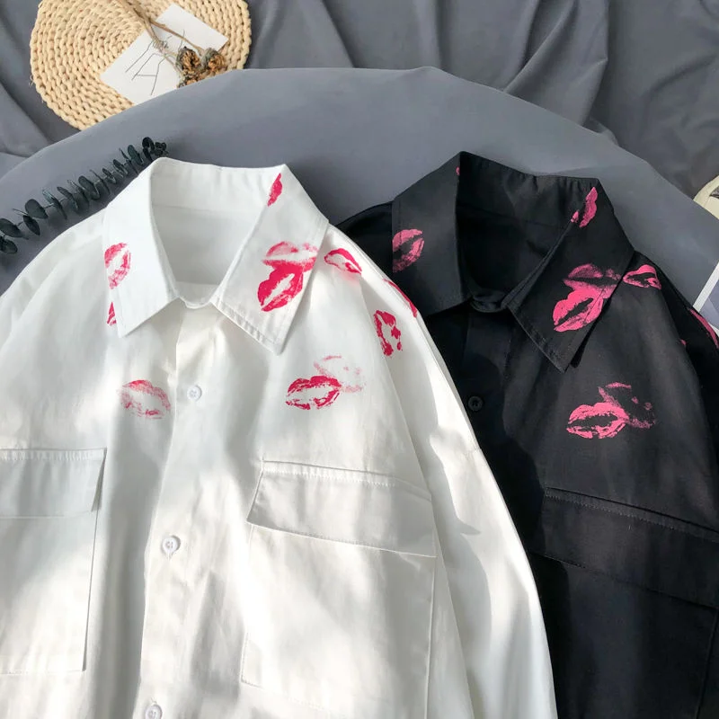 Hybskr-camisas informales con estampado de labios para mujer, para pareja de manga larga ropa holgada, blusas de marca de moda Harajuku, cárdigan coreano para mujer
