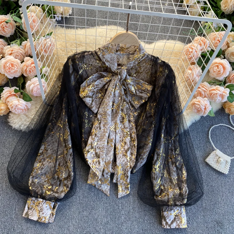 Блузка женская сетчатая с бантом на воротнике модный дизайнерский топ