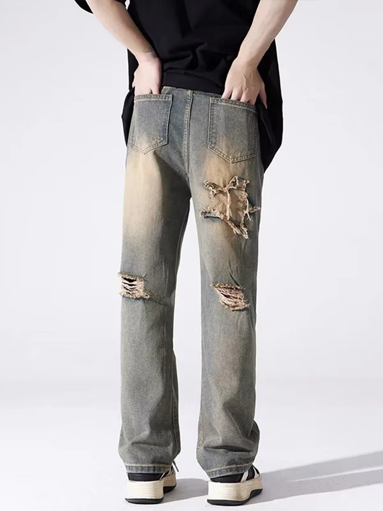 Men's Ripped Jeans Patchwork High Street Straight Wide Leg Pants Retro Loose Fit Wide-Legged Jeans Men Pants