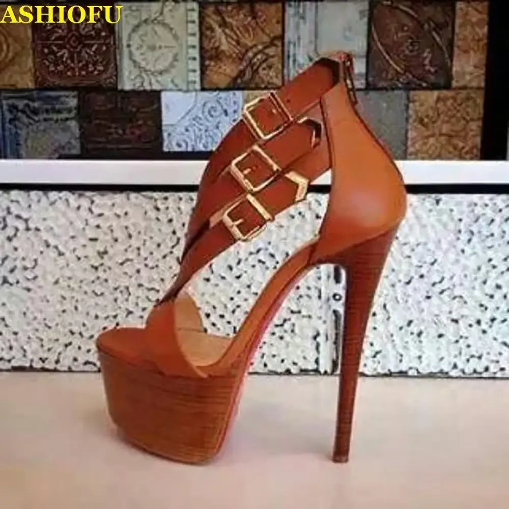 ASIOFU настоящая картина женские босоножки на высоком каблуке с пряжками и
