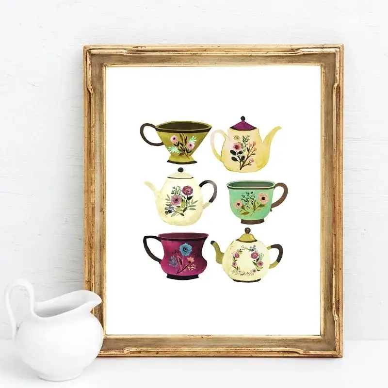 

Teapot Teacup Color Print Canvas Painting Bright Flowers Pattern Nordic Poster Kitchen Dining Room Living Room Decor Home Decor
