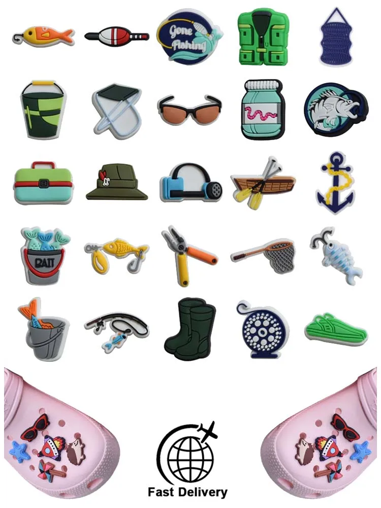 

1Pcs PVC Fishing Sport for Crocs Charms DIY Badge Women Sandals Buckle Kids Pins Decoration Jeans Shoe Accessories Wholesale