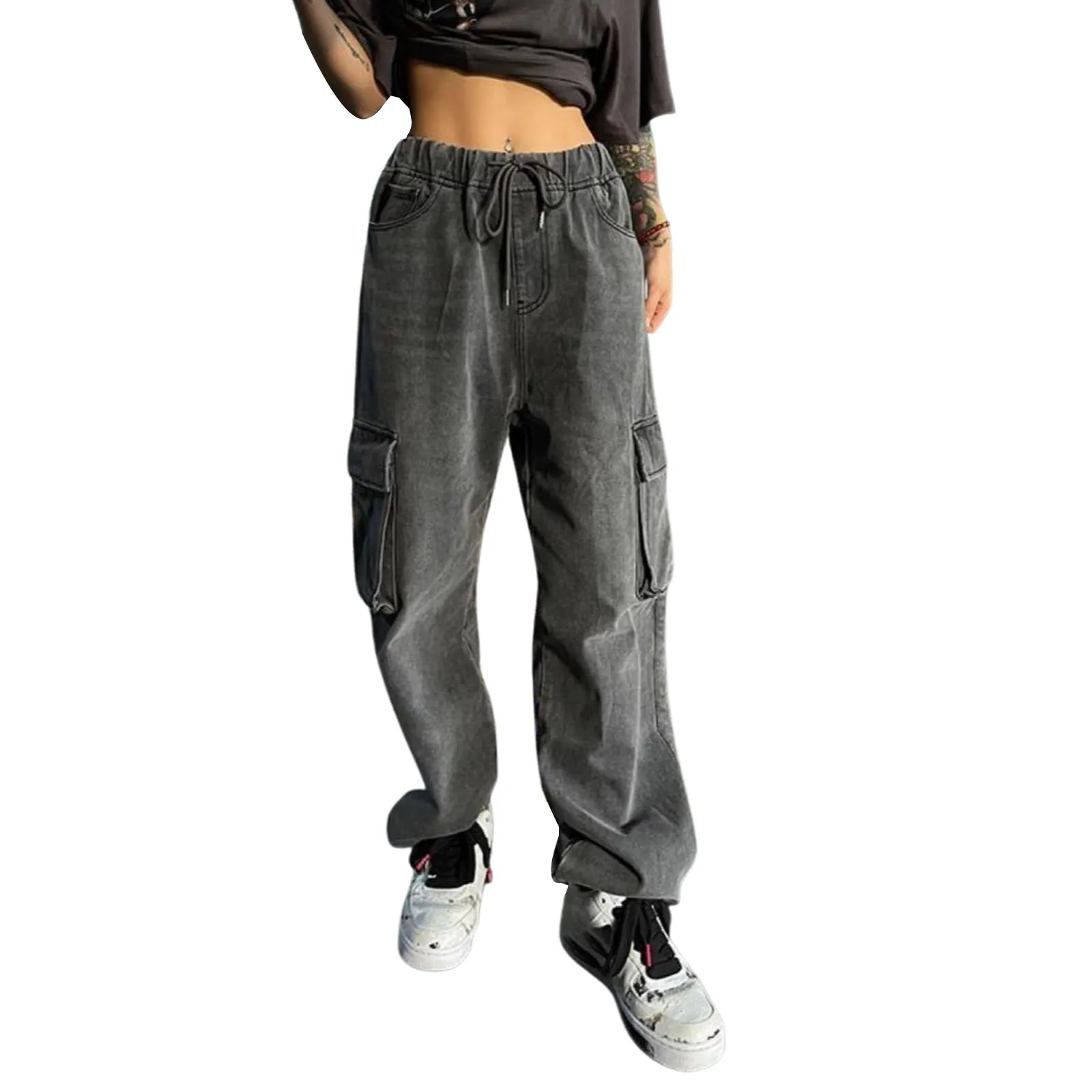 

Women's Loose Pants Elastic Drawstring Design Large Pockets High-waisted Wide-leg Trousers