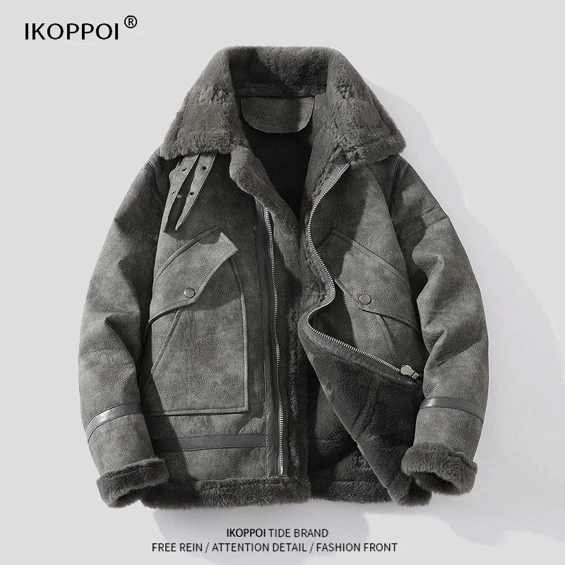 Fashion Lamb Wool Coat Men's Fur Integrated Lapel Workwear Jacket Winter Loose Thick Warm-Keeping Cotton Clothing Tide