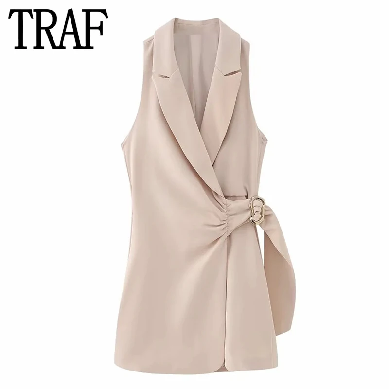 

TRAF 2023 Woman Short Playsuit Blazer Style Jumpsuit Women Buckle Wrap Elegant Summer Woman Jumpsuit Sleeveless Combinations