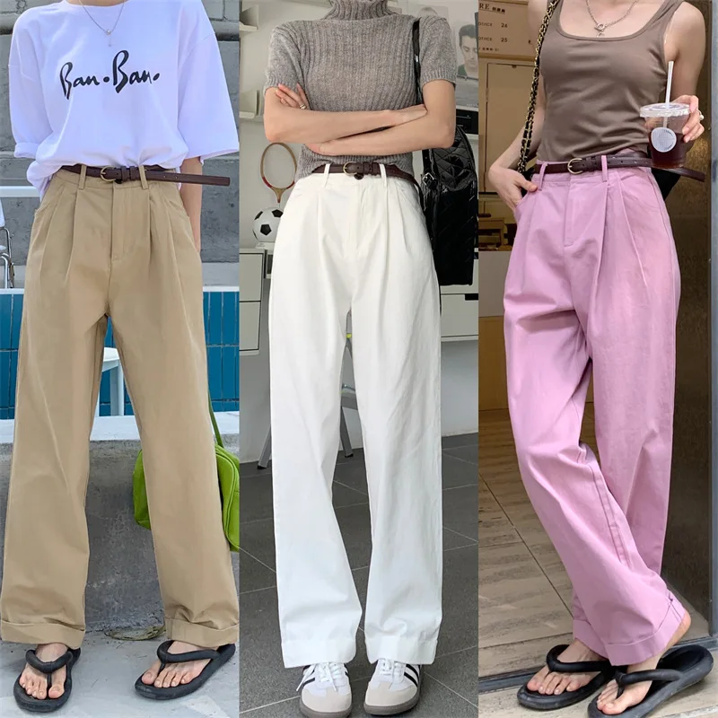 

Брюки женские повседневные с завышенной талией, узкие прямые свободные Универсальные Длинные брюки с широкими штанинами, цвета хаки, на весну