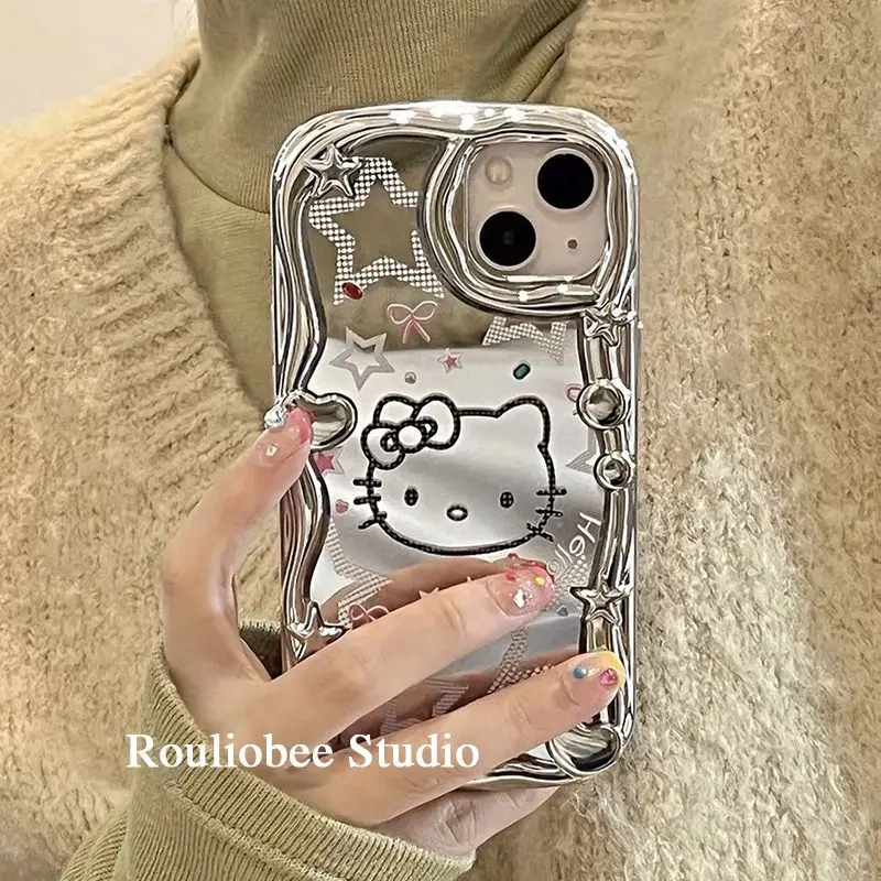 

Чехол для Iphone Kawaii Sanrio с рисунком Hello Kittys, милый Серебристый зеркальный чехол с рисунком аниме, со стразами, чехол для Iphone Apple Iphone14Promax 13 12, подарок