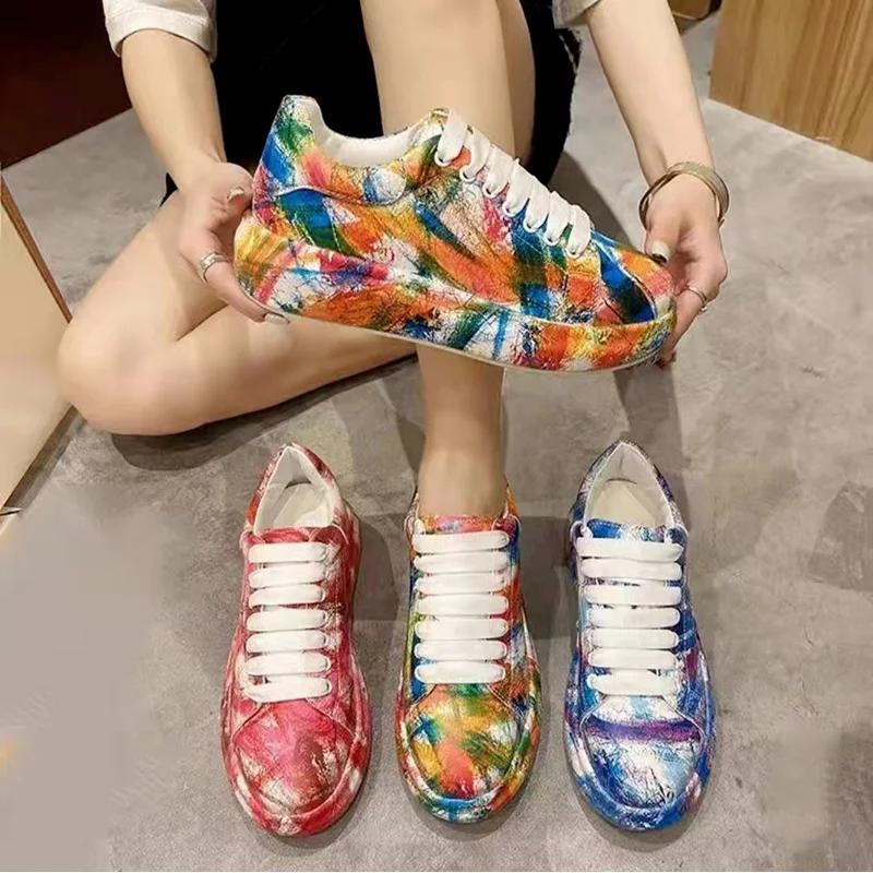 

Женские кроссовки с ручной росписью, белые кроссовки на толстой подошве с граффити, спортивная обувь для улицы, повседневная обувь, лето 2022