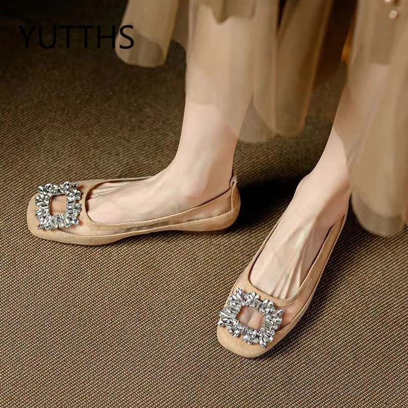 

Shoes Women 2022 New Mesh Square Toe Flats Summer Party Office Career Sweet Women's Shoes Rhinestone Ladies Solid Free Shipping