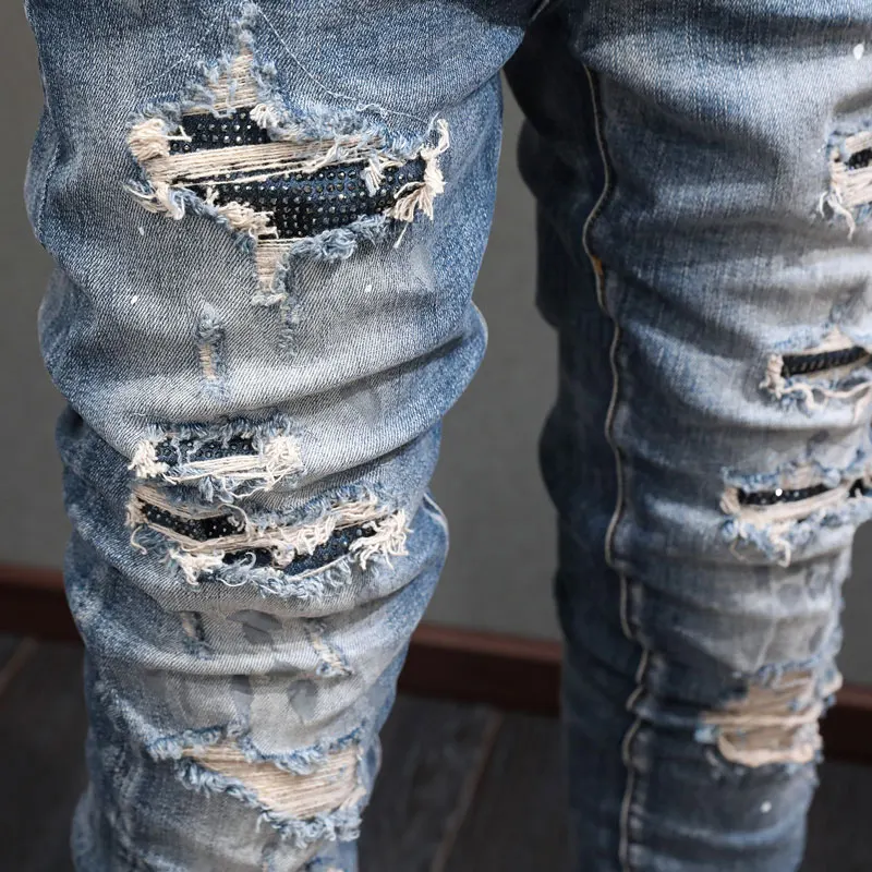 Уличные модные мужские джинсы в стиле ретро потертые синие Стрейчевые рваные с