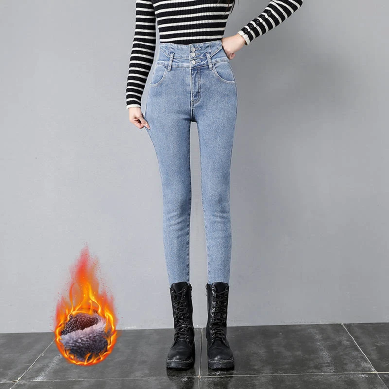 

Зимние облегающие теплые джинсы со средней талией, женские бархатные брюки-карандаш длиной до щиколотки 2022, повседневные плотные брюки, баз...
