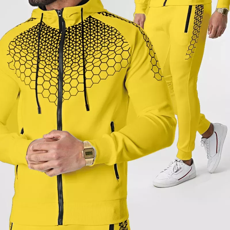 Men 2022 Polyester Hooded Outerwear Hoodie Set Zipper Jacket+Pants 2 Pieces Casual Fitness Gyms Male Sportswear Suit