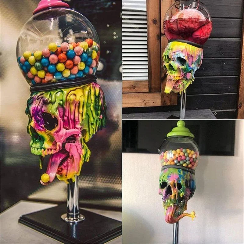 

Bubble Gum Machine Colorful Skull Candy Dispenser Halloween Desktop Ornament Bubble Gum Machine Portable Home Living Room