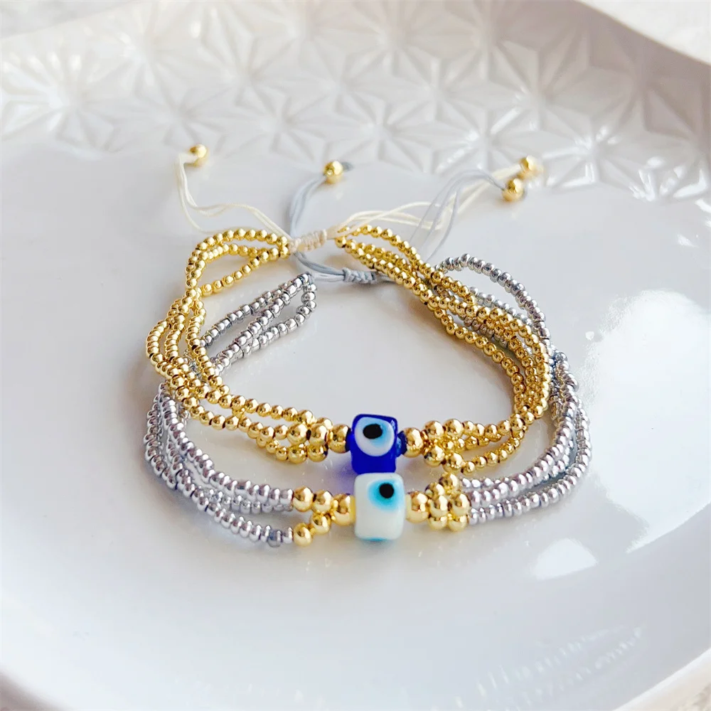 Multi-Layer Beads Evil Eye Bracelet Jewelry for Couples Gold Color Sliver Color Bracelets Valentine's Day Gift Stackable Pulsera
