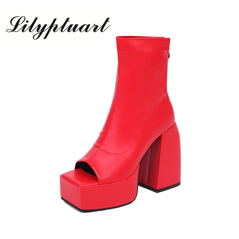 

2022 women's autumn new European and American fashion thick high-heeled thick-soled rear zipper fish mouth square toe cool boots