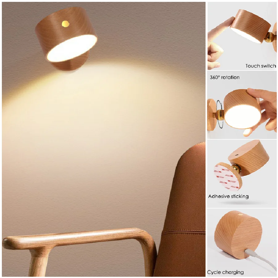 

Деревянный светодиодный светильник для чтения, 3 уровня яркости, перезаряжаемый, вращающийся на 360 градусов, магнитный, регулируемый, с сенс...