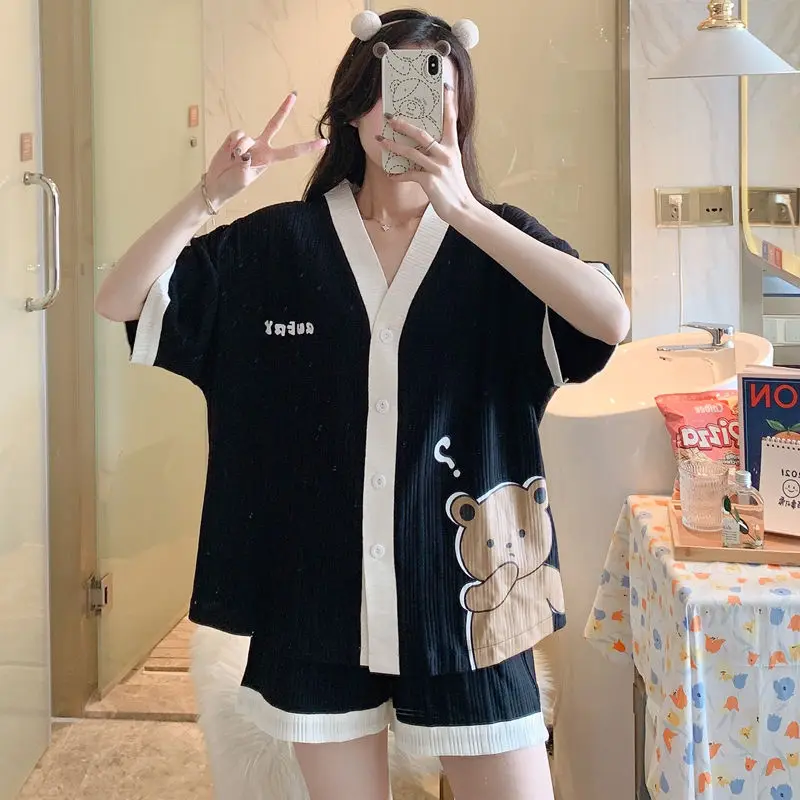 Women's Pajamas Summer Suit Cotton Short Sleeved Sleepwear Cute Cool Cardigan Pyjamas Plus Size 2 Piece Set Nightwear Homewear