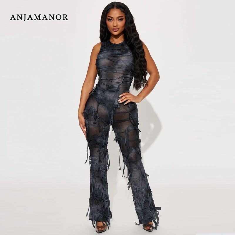 

ANJAMANOR Trashy Y2k Tie Dye Distressed Fringe Sleeveless Jumpsuit Women Clothing 2023 New Arrivals Clubwear Outfits D82-DB33