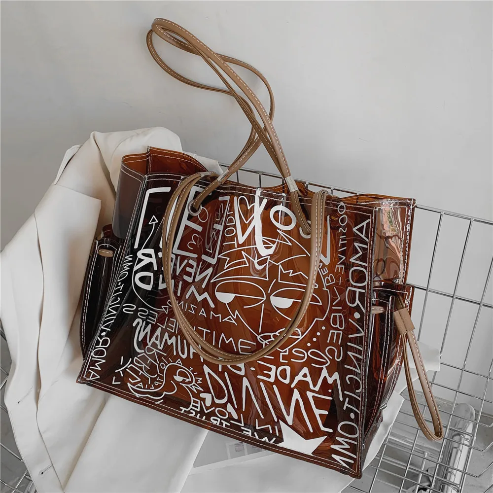 

Burminsa Graffiti Transparent Large Shoulder Tote Bags For Women 2022 Summer Trend Fashion Designer Beach Travel Ladies Handbags