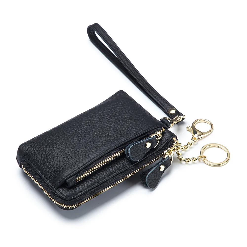 

Mini Coin Purse Fashion Genuine Leather Zipper Lichee Pattern Multi Function Solid Color Unisex Clutch Bag Portable Wallet