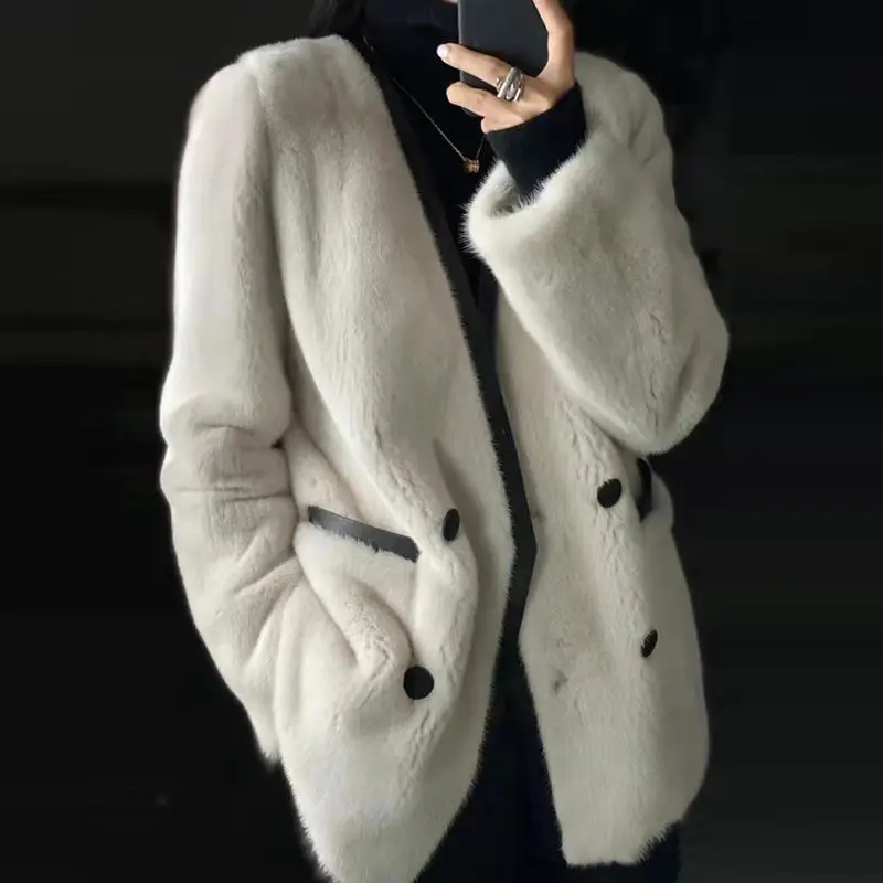 2022 Winter Mink Fur Coat Women's Fashion Fluffy Jacket Hot Sale V-Neck Long Sleeve Eco-Friendly Faux Fur Overcoat Abrigos T313