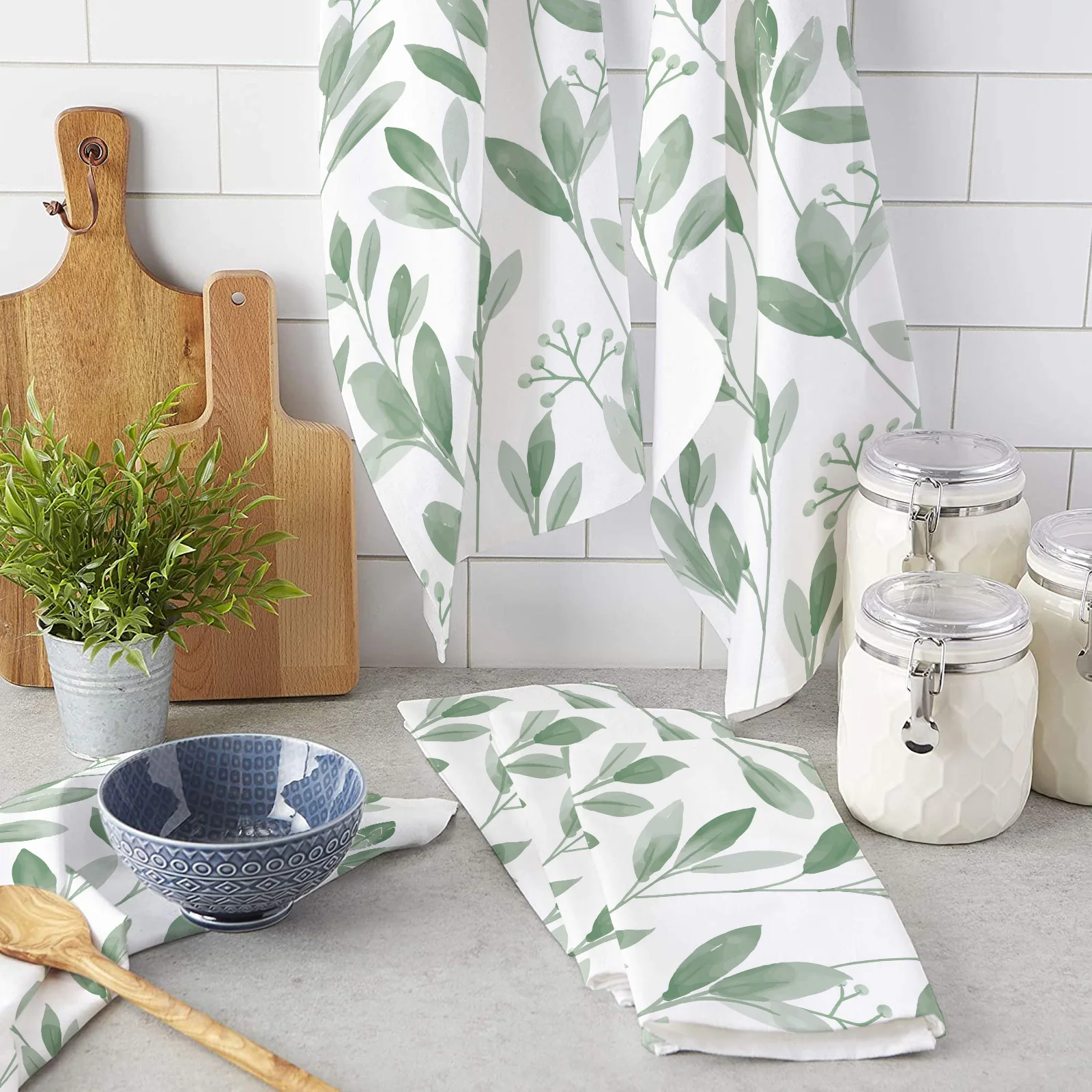 

Green Watercolor Leaves Kitchen Towel Cleaning Cloth Microfiber Soft Household Super Absorbent Dish Washing Cloth