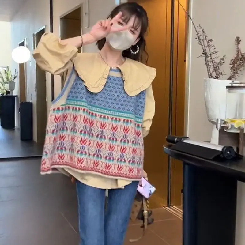 Женский Вязаный Свитер-жилет На Раннюю Осень С Цветочным Принтом Для Офиса Стиль