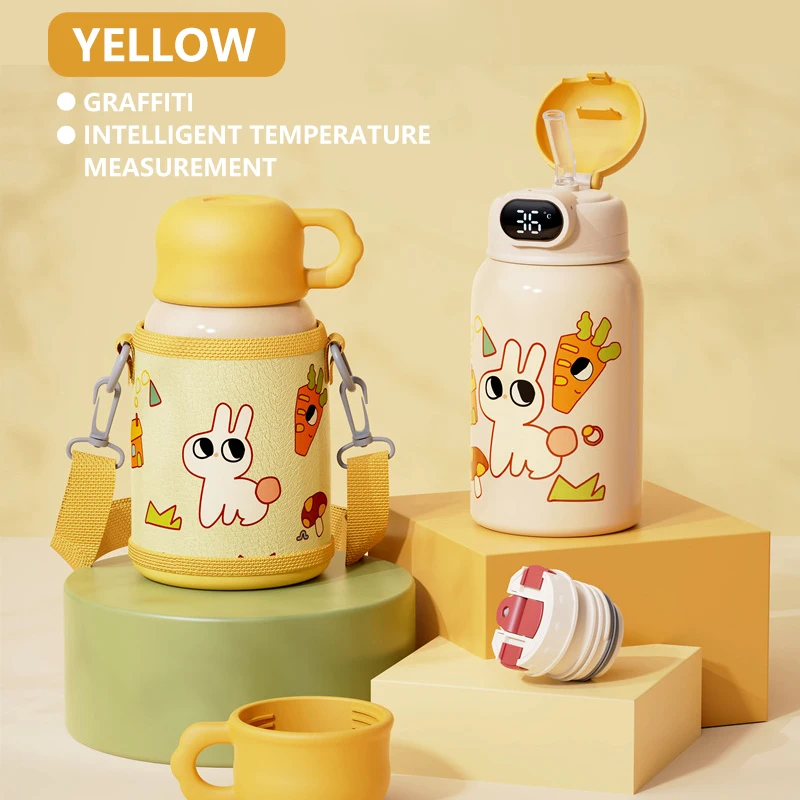 

500ml Thermal Thermos Cup Stainless Steel Double-layer Student Straw Water Cup Cartoon Silicone Children's Thermos Cup