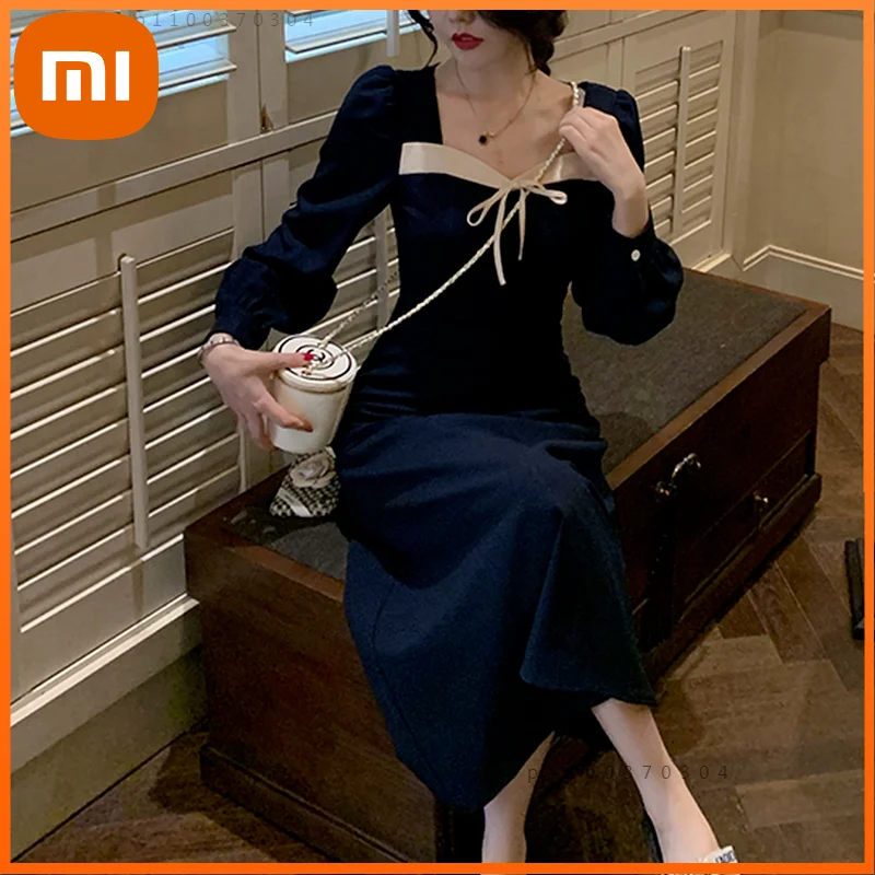 

Xiaomi Elegant Midi Dress Women Korean Fashion Office Lady Patchwork Long Sleeve Dress Fall Casual Slim Bodycon Dresses Women