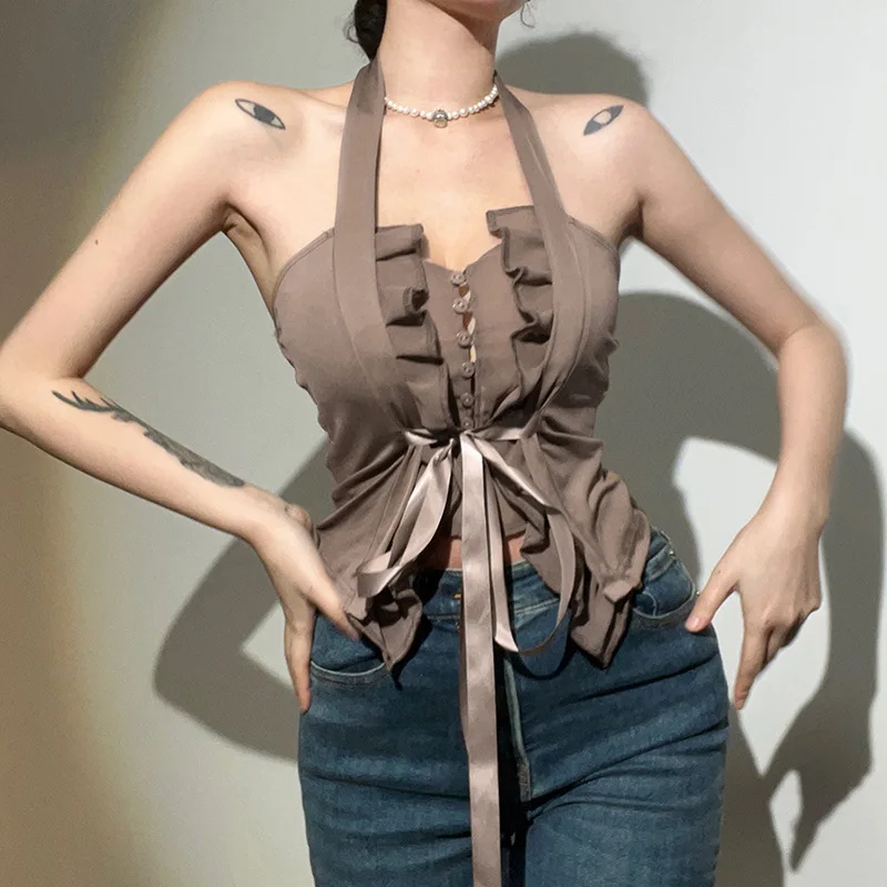 

Solid Color Intellectual Elegance Sexy Cool Taobao Thin Ruffle Design Niche Girl Backless Halter Women's Short Top Casual