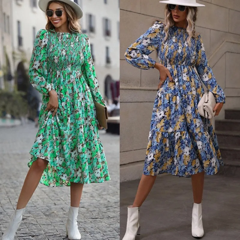 

Europe and America 2023 spring print cake dress fashion women's long sleeve dress