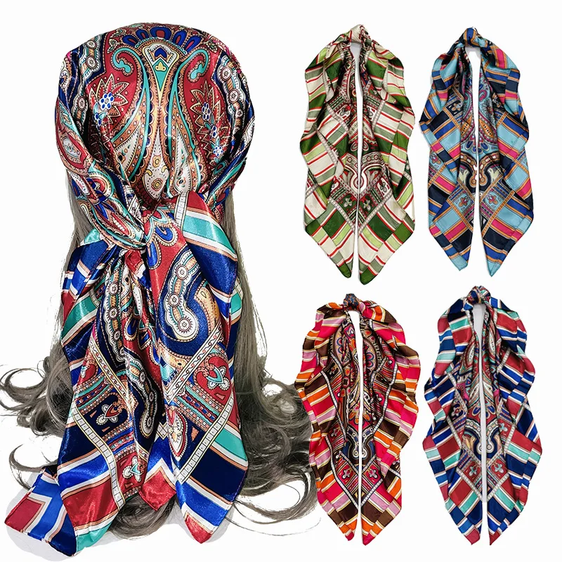 

Elegant Women Twill Headkerchief Luxury Print 90*90cm Large Neck Tie Girls Hair Band Bag Wrist Bandana Hijab Foulard 2022 Design