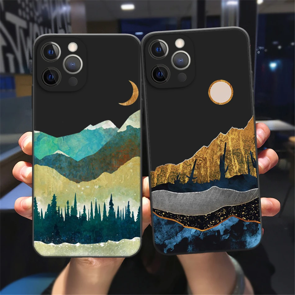 

Aesthetic Art Painted Pattern Mountain Scenery Phone Cover For iPhone11 12 13 14 Pro Max X XR XSMax 6 7 8 14 Plus Black TPU Case