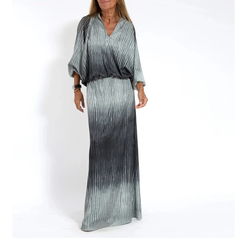 

Женское платье-макси с длинным рукавом, V-образным вырезом и поясом на резинке