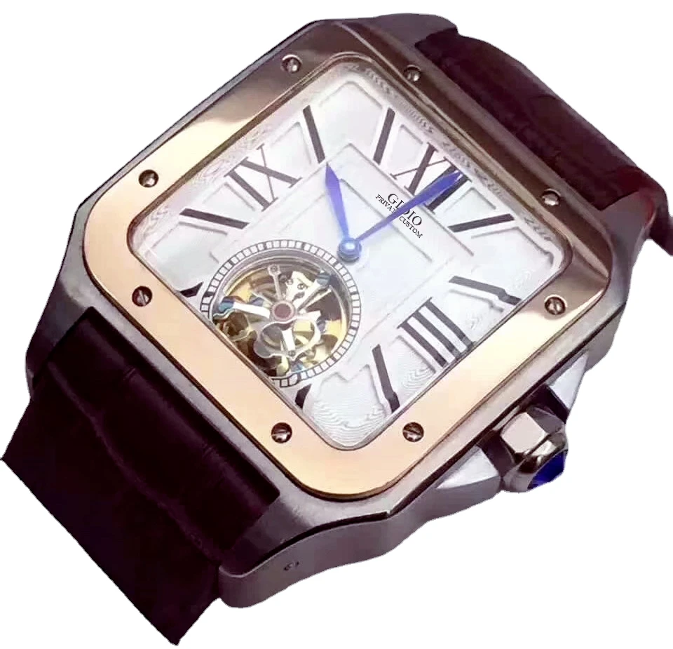 

Men Automatic Mechanical Watch Gold Rome Black Blue Leather Tourbillon