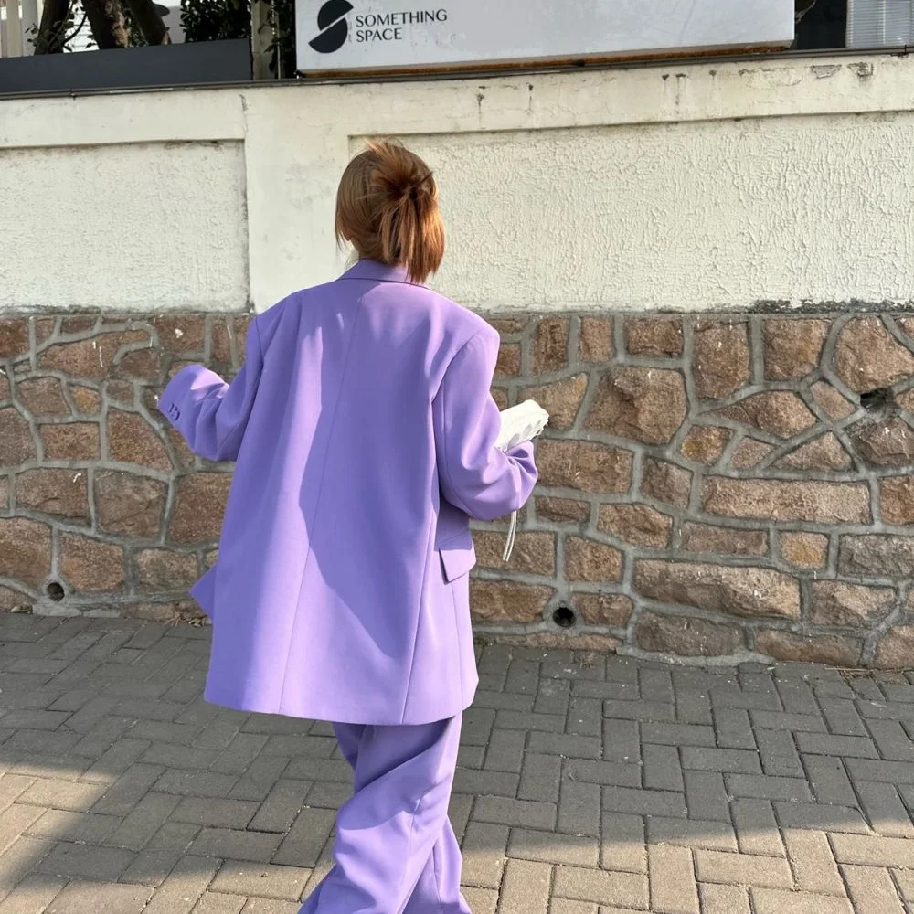 Spring Korean Style Pants Sets Loose Purple Duble Breasted Women Blazer & Long Wide Leg Trousers 2 Piece conjuntos de pantalón
