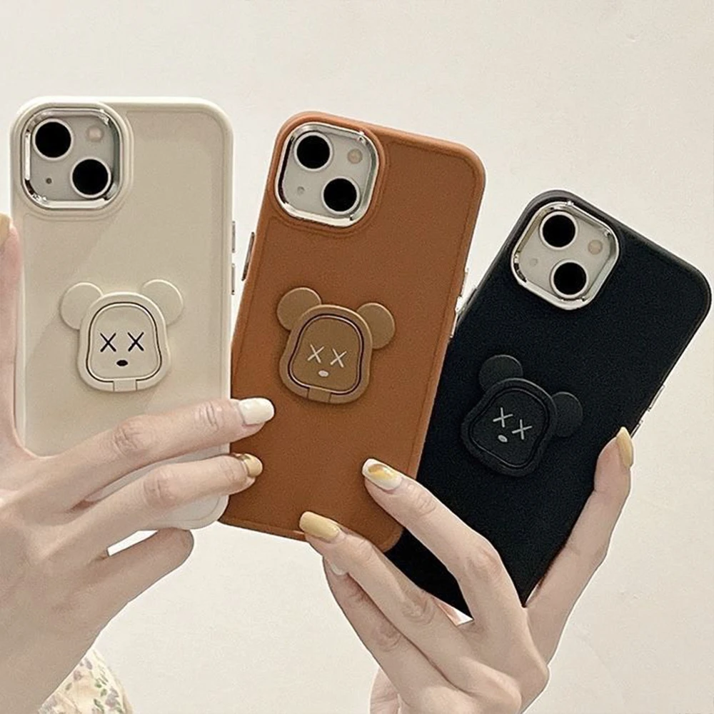 

Electroplated Mirror Frame Cartoon Bear Bracket Phone Case for IPhone 14 11 12 XR XS MAX Plus 12 13 14pro Soft Kawiyi Covers