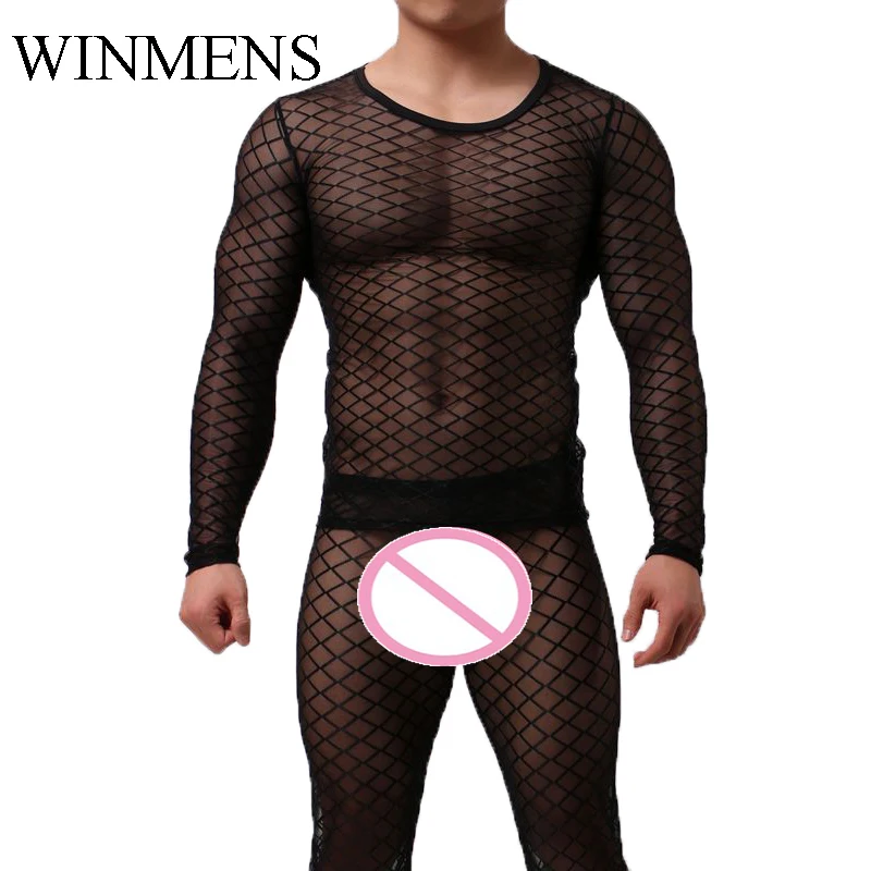 Мужские прозрачные майки с длинными рукавами дышащее сетчатое нижнее белье в