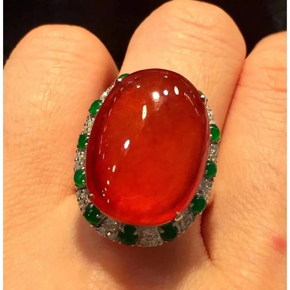 

S925 Silver Inlaid Diamond & Ruby Chalcedony Ring Jewelry Girl