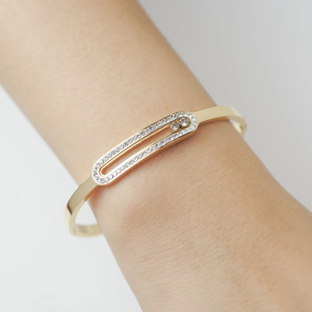

Luxury CZ Crystal Gold-plated Stainless Steel Women Bracelet Rhinestone Sliding Bangle For Women's Wedding Wristband Jewelry
