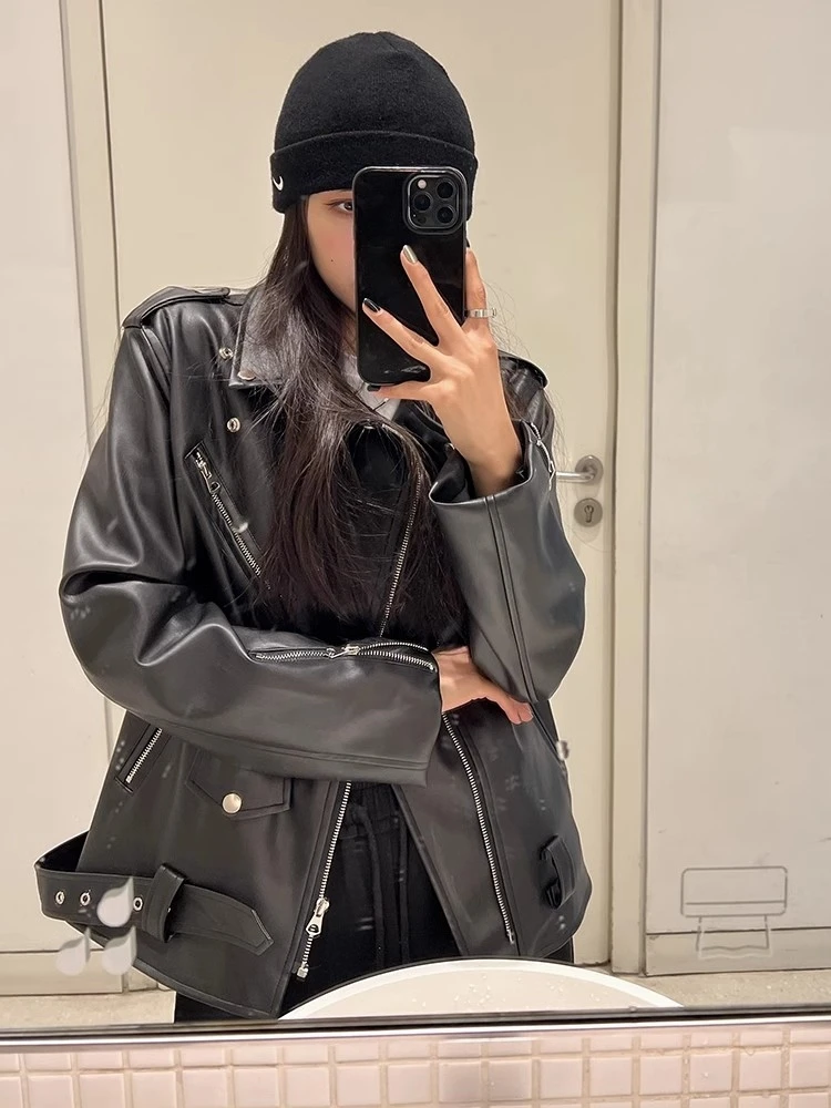 Осеннее Ins Street крутое кожаное пальто верхняя одежда женская свободная куртка