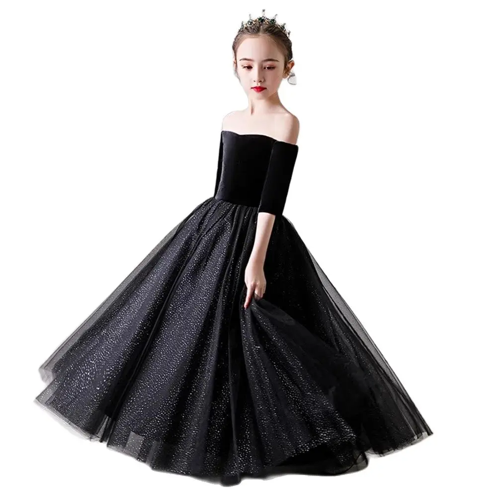 

Flower Girl Dress Luxury Black Lace Illusion Sequined Off The Shoulder Princess Floor-Length Tulle Boat Neck Kid Party Gown